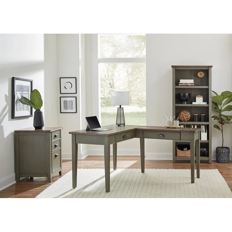 Fairmont Transitional L-Shaped Writing Desk in Sage Green with Power Outlet