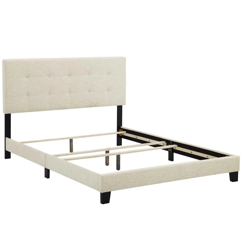 Amira Full-Size Beige Tufted Upholstered Platform Bed with Wood Frame