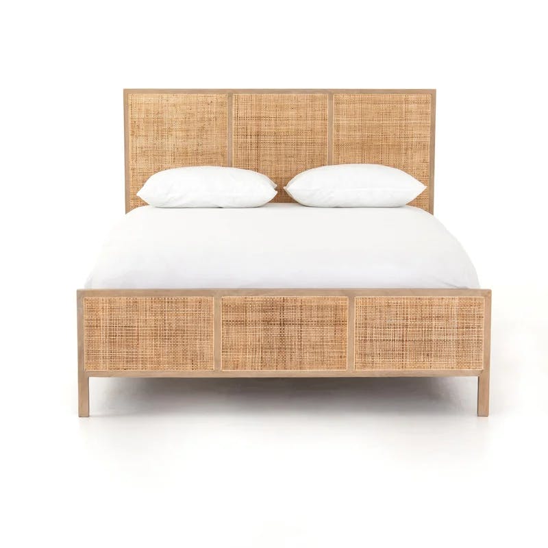 King-Sized Contemporary Brown Mango Wood & Cane Panel Bed