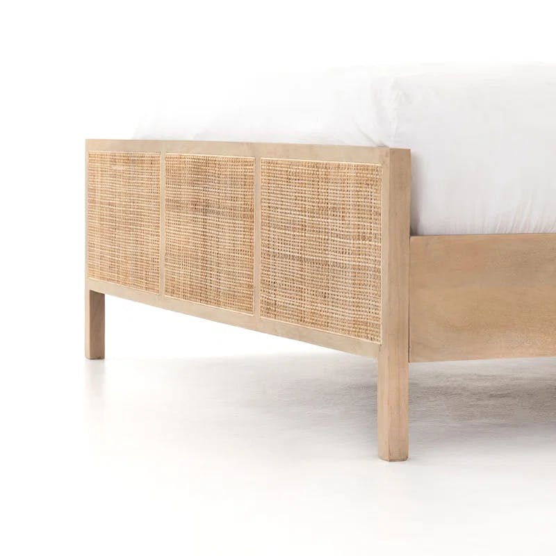 King-Sized Contemporary Brown Mango Wood & Cane Panel Bed