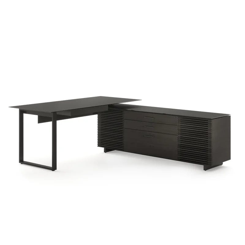 Charcoal Stained Ash Executive L-Shaped Desk with Glass Top