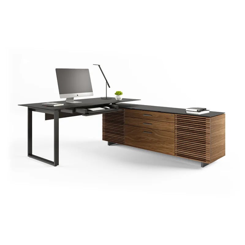 Corridor Natural Walnut Executive L-Shaped Desk with Glass Top