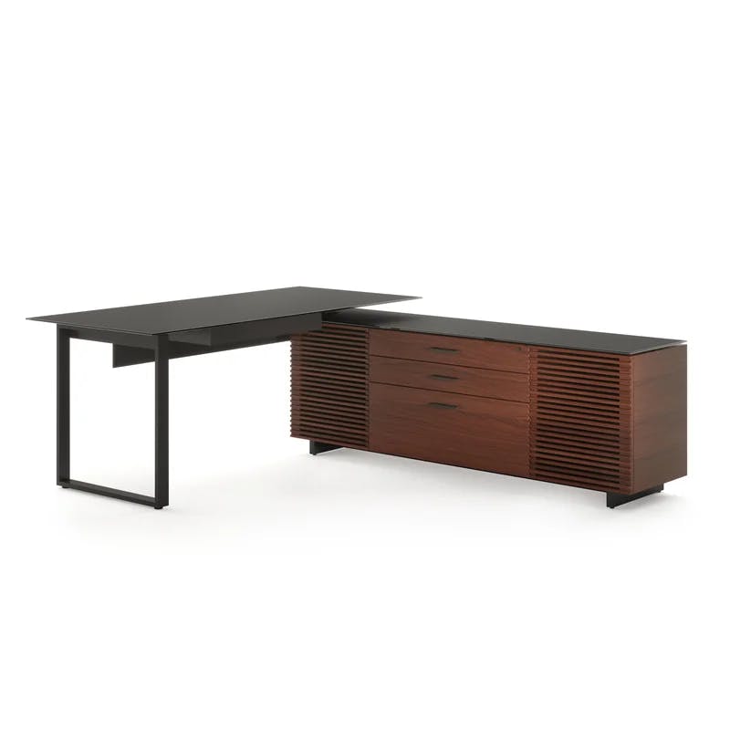Executive Chocolate Walnut L-Shaped Desk with Glass Top and Drawers