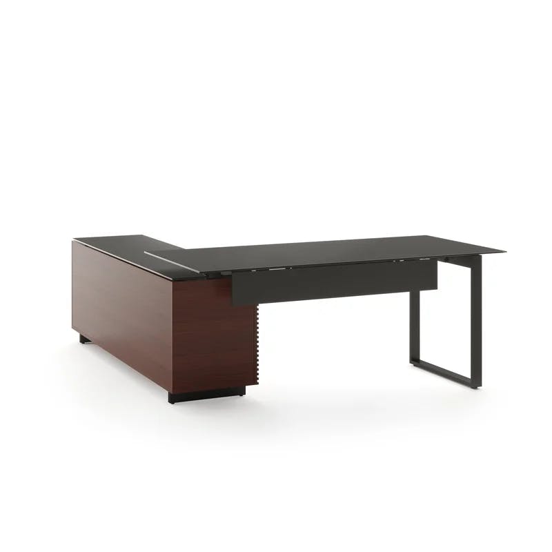 Executive Chocolate Walnut L-Shaped Desk with Glass Top and Drawers