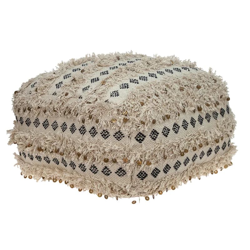 Beige Handwoven Cotton-Jute Pouf with Fringed Design
