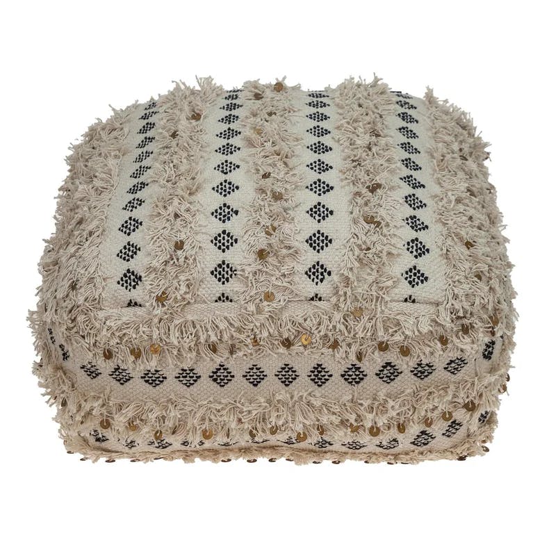 Beige Handwoven Cotton-Jute Pouf with Fringed Design