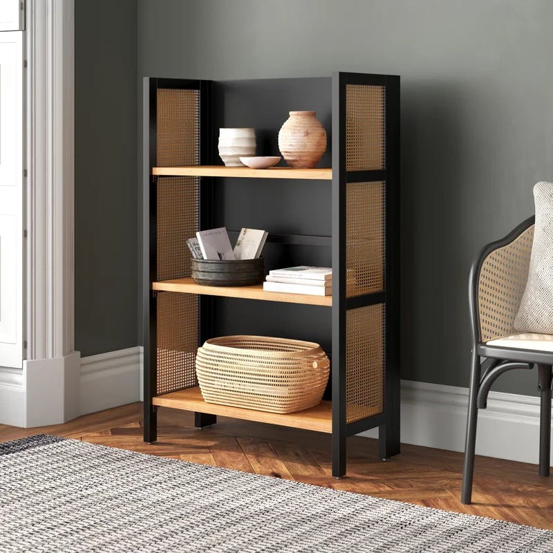 Franz Black Wood and Natural Cane 3-Shelf Open Top Etagere