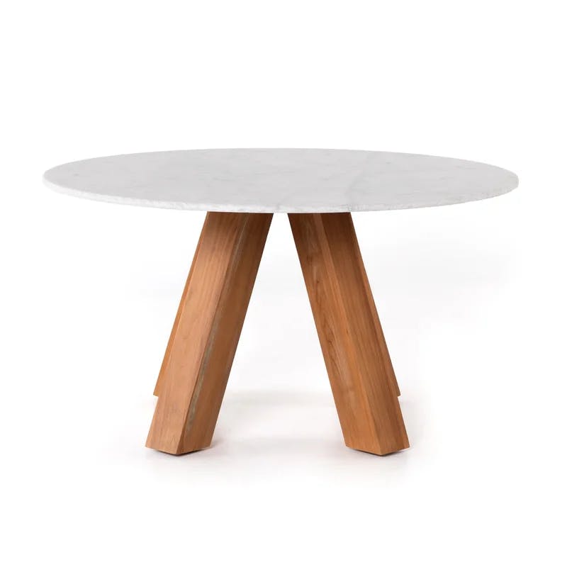 Luxurious 54" Brown Marble & White Teak Round Dining Table