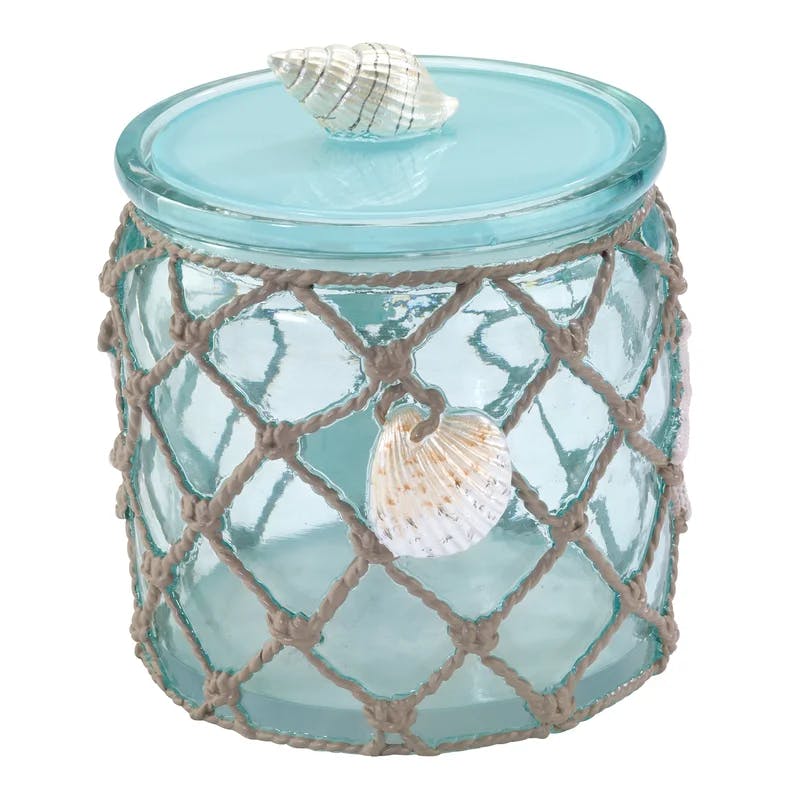 Aqua Tranquility Seaglass Covered Jar with Hand-Painted Sea Creatures