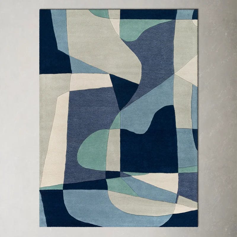 Handmade Tufted Geometric Blue Wool 5' x 8' Area Rug