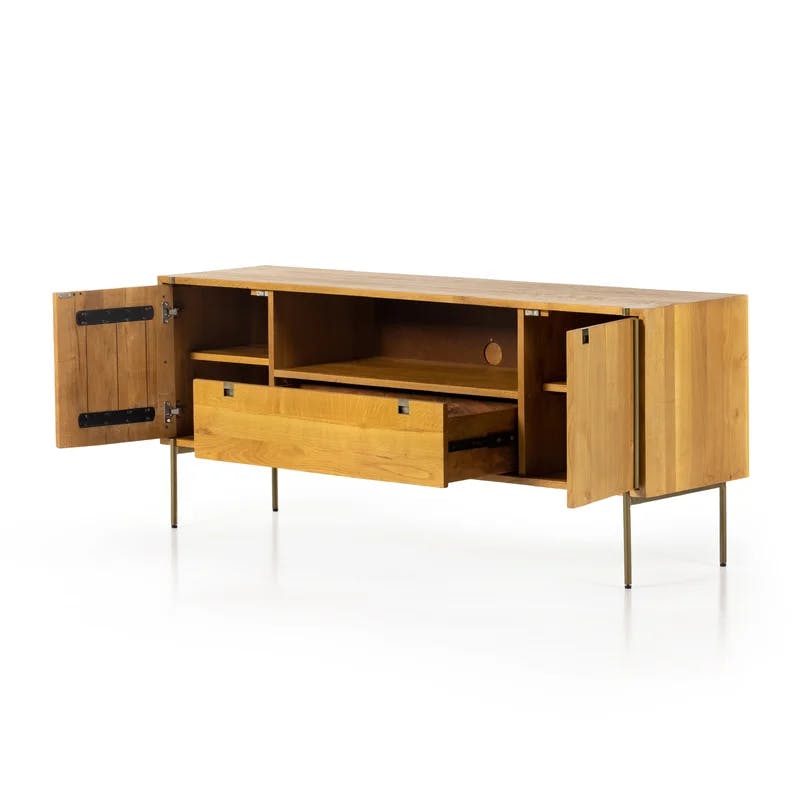 Contemporary Brown Oak 68'' Media Console with Brass Accents