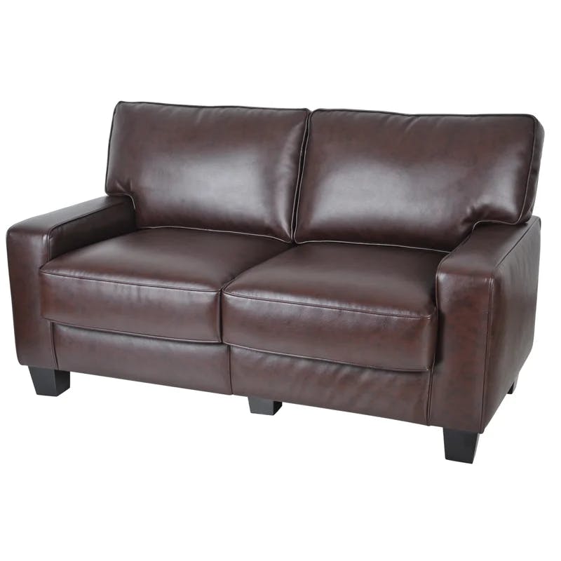 Chestnut Brown Leather 61" Loveseat with Pillow Back and Wood Accents