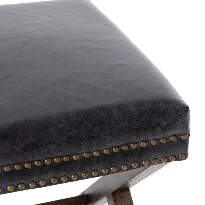 Durango Black Leather 20'' Modern Ottoman with Brass Nailheads