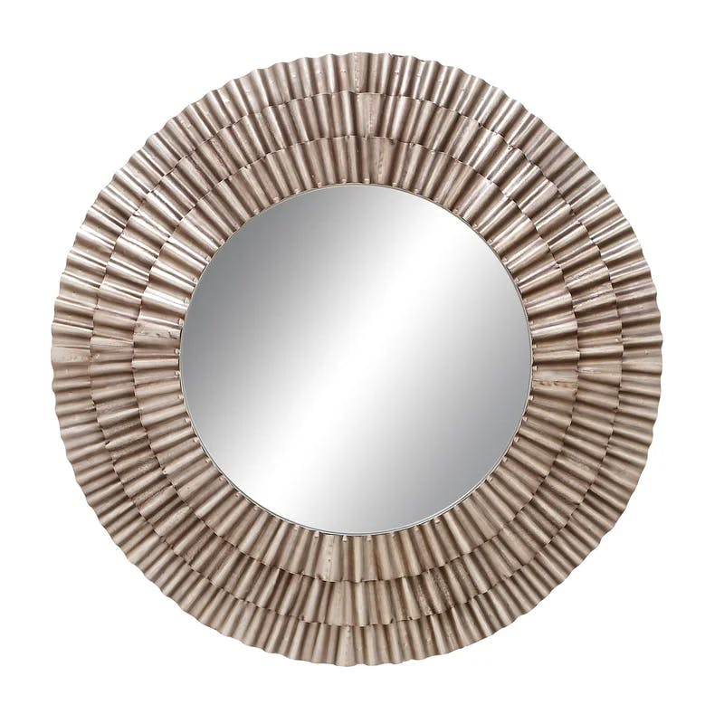 Rustic Sunburst Round Wall Mirror in Silver and Gold Leather