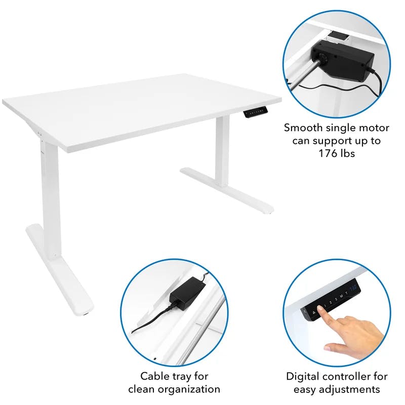 Electric Adjustable Height Sit-Stand Desk with Power Outlet, White Steel