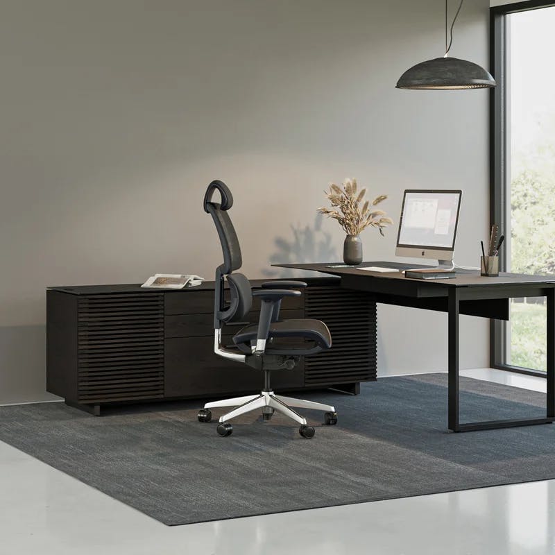 Corridor Natural Walnut Executive L-Shaped Desk with Glass Top