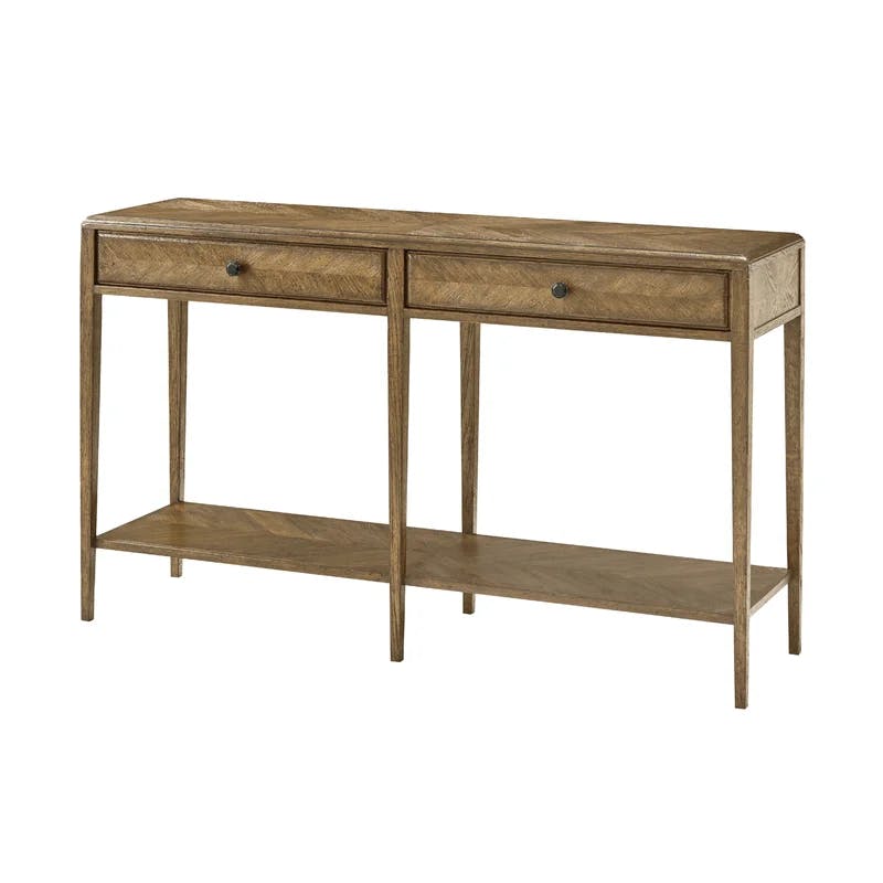 Dawn Oak Parquetry Mirrored Console Table with Storage