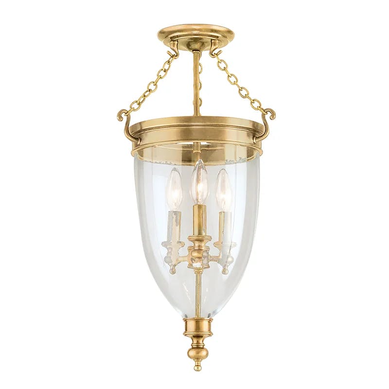 Elegant Aged Brass 3-Light Semi Flush Mount with Clear Glass Shade