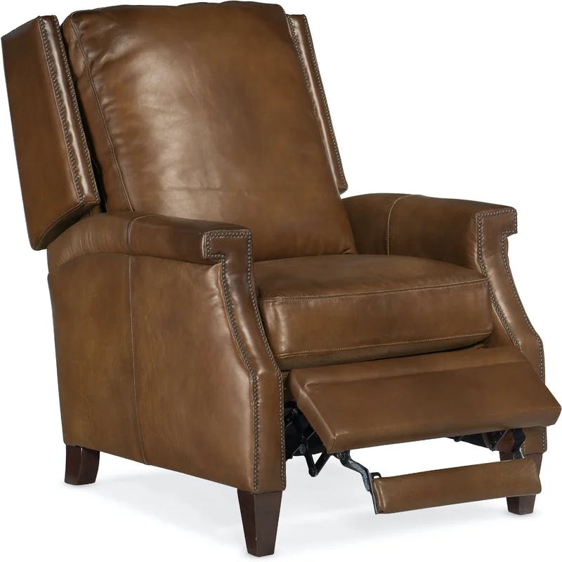 Checkmate Pawn Full Recline Brown Leather & Dark Wood Recliner