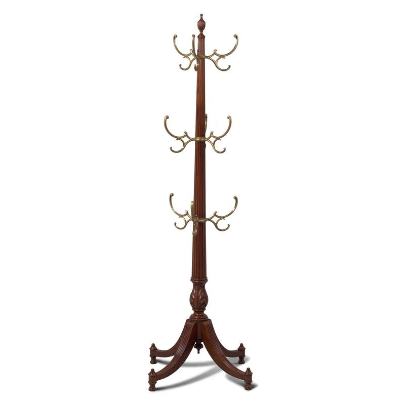 Elegant Mahogany and Brass Tiered Coat Stand with Hooks