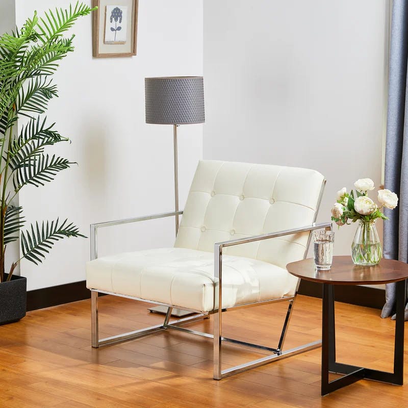Mid-Century Chrome-Plated White Faux Leather Accent Chair
