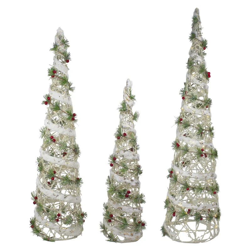 Elegant White Berry & Pine Needle Pre-Lit Outdoor Cone Tree Set of 3
