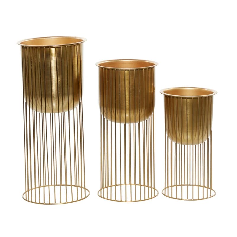 Elevated Satin Gold Metal Planter Trio with Caged Stands