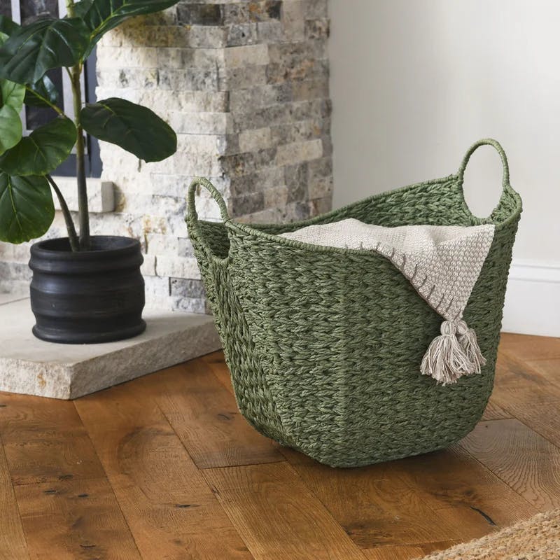 Olive Green Seagrass Oval Storage Basket with Wire Handles