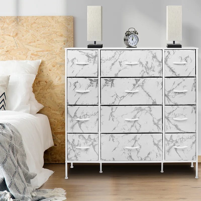 Sorbus White 12-Drawer Vertical Dresser with Marble Print Fabric Bins