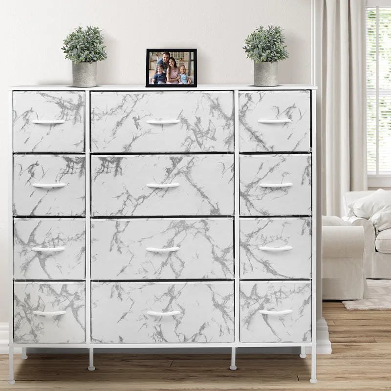 Sorbus White 12-Drawer Vertical Dresser with Marble Print Fabric Bins