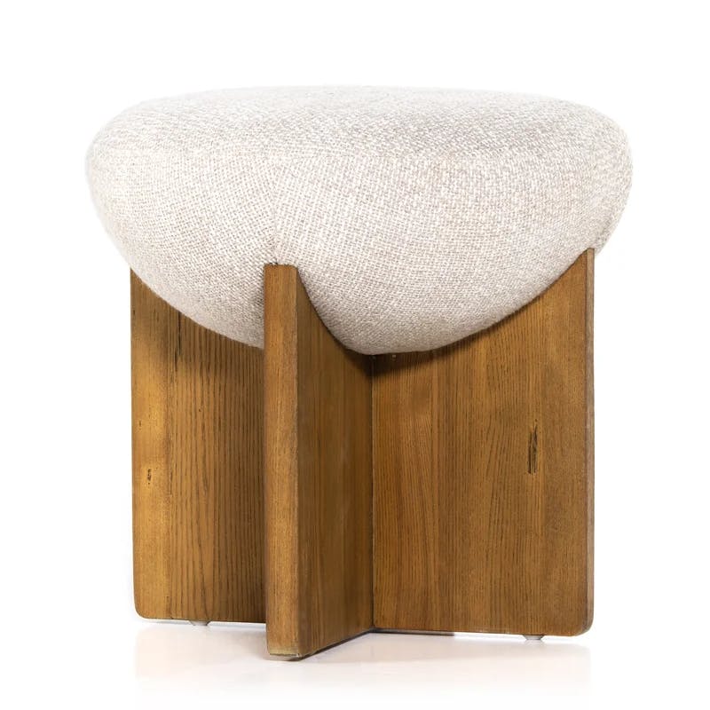 18'' Contemporary White Round Ottoman with Ash Wood Base