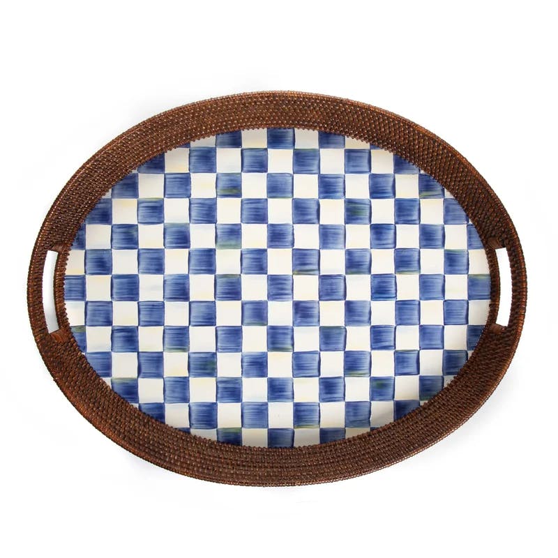Royal Check Hand-Painted Rattan & Enamel Round Serving Tray
