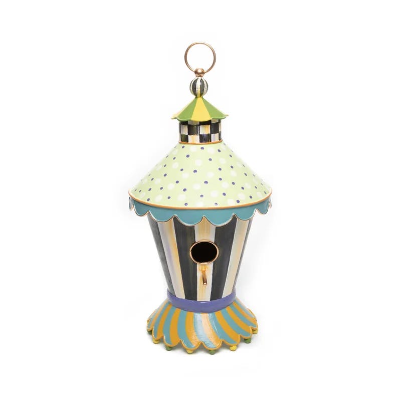 Courtly Stripe Hand-Painted Metal Birdhouse with Scalloped Roof