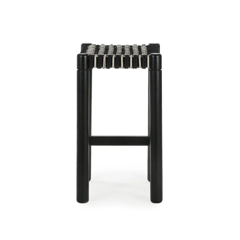 Modern Oak and Rattan Backless Accent Stool in Black/Brown/White