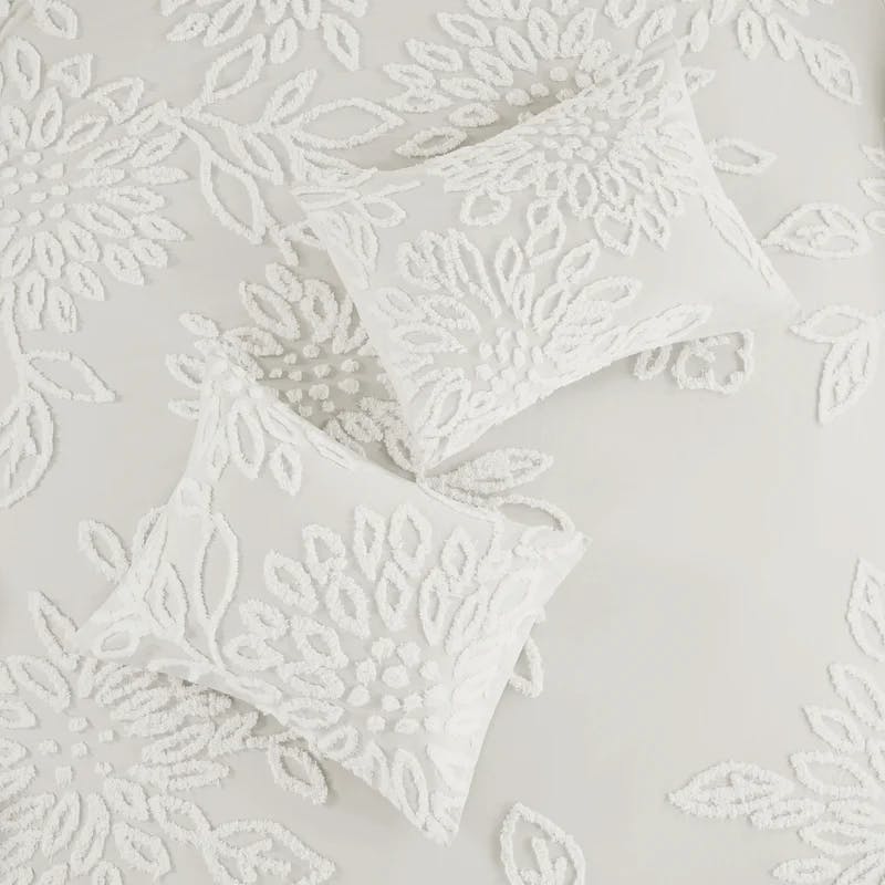 Off-White Cotton Chenille Floral Full/Queen Duvet Cover Set