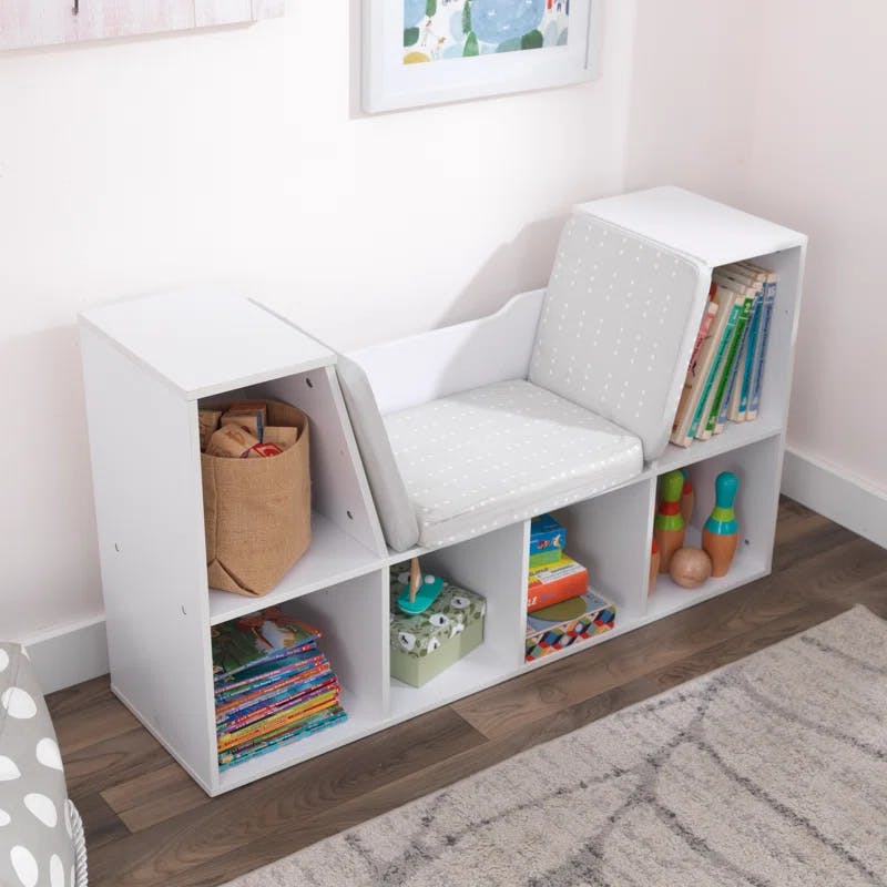 Transitional White Wooden Bookcase with Cozy Reading Nook for Kids
