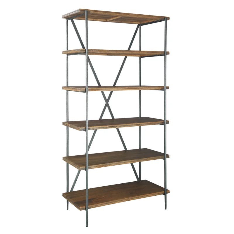 Transitional Bedford Brown Wood Ladder Bookcase with Cubes