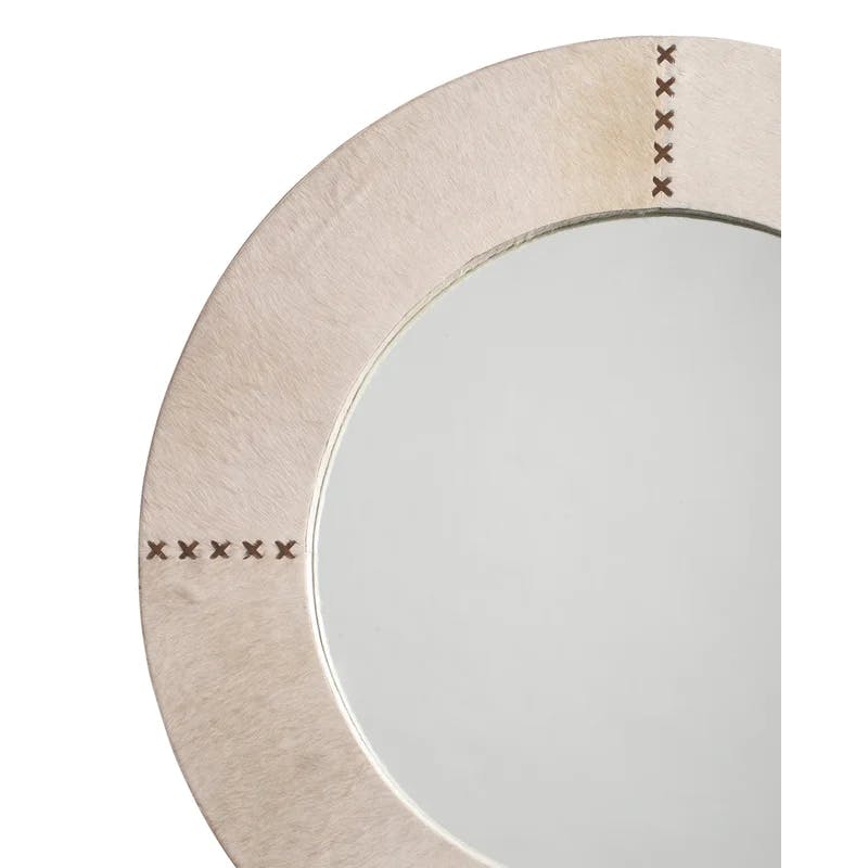 Whip-Stitched White Hide & Chocolate Leather Round Vanity Mirror