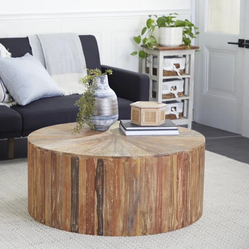 Round Reclaimed Wood Outdoor Coffee Table with Storage