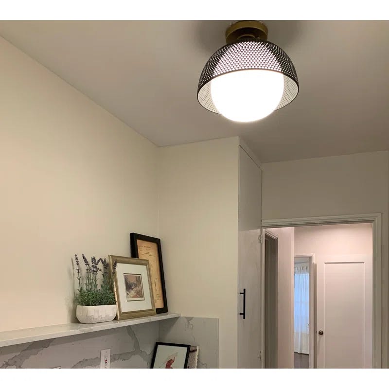 Matte Black and Satin Brass Globe Flush Mount with White Glass Shade