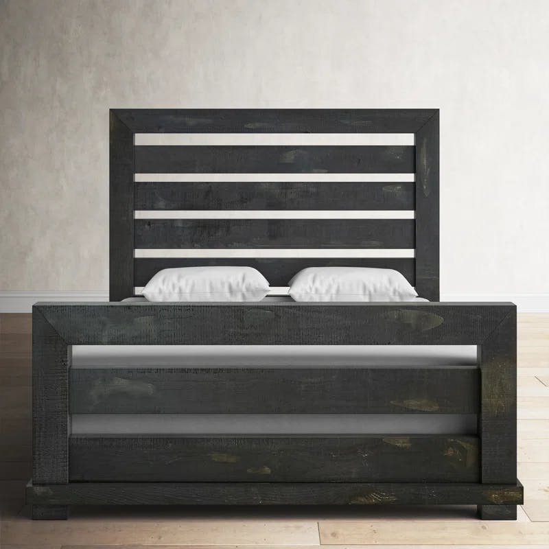 Idria Queen Size Pine Wood Frame Bed with Distressed Black Finish