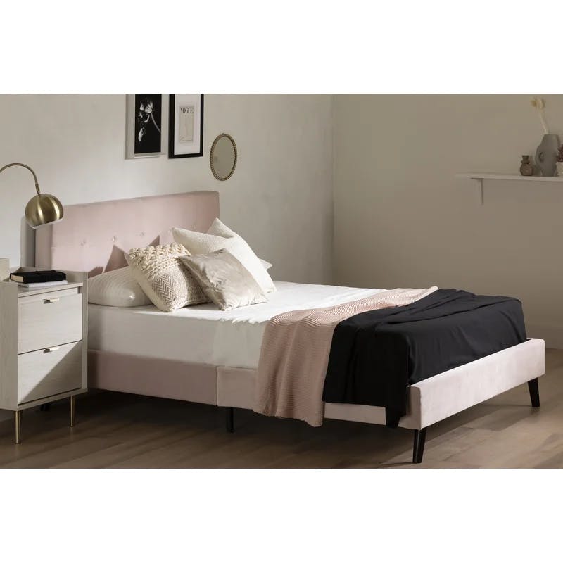 Regal Velvet Queen Platform Bed with Plush Upholstered Headboard, Pale Pink