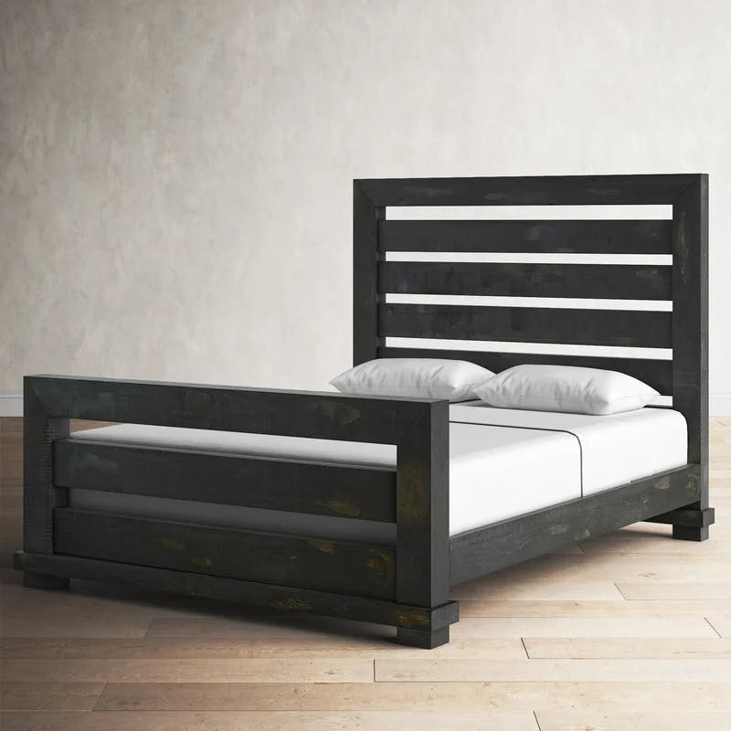 Idria Queen Size Pine Wood Frame Bed with Distressed Black Finish