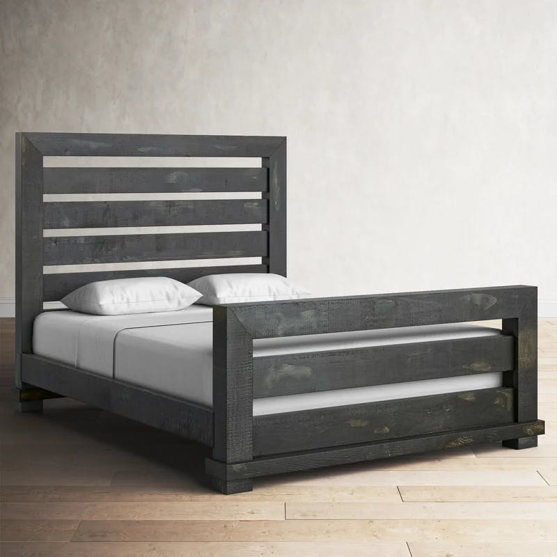 King-Sized Pine Wood Frame Bed with Slats and Distressed Charm