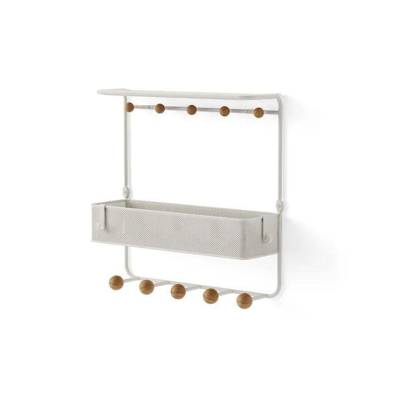 Estique White/Natural 10-Hook Wall Shelf with Perforated Metal Basket