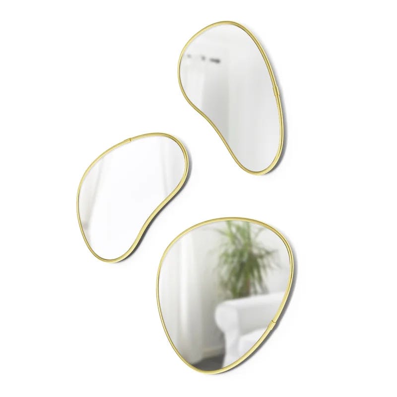 Set of 3 Whimsical Pebble Wall Mirrors in Brass Finish