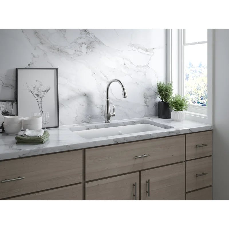 Cairn 33.5" Matte White Double Basin Stone Kitchen Sink with Accessories