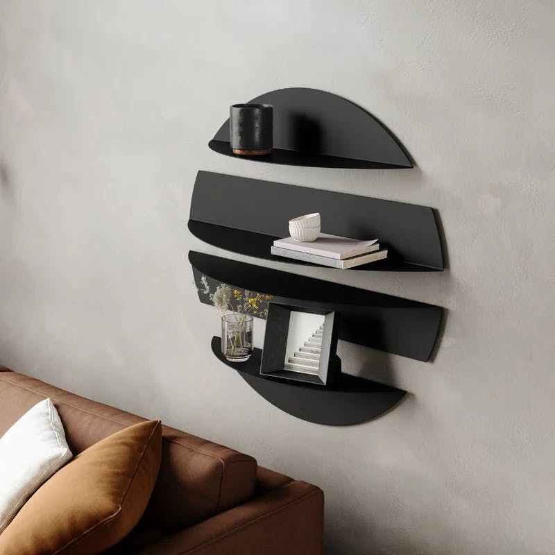 Solis Modern Black Bent Metal Floating Wall Shelf Set