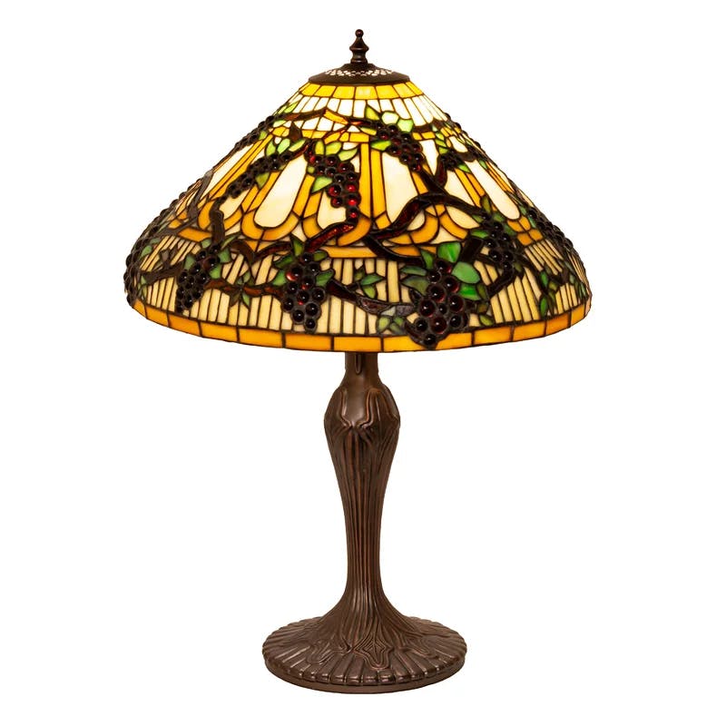 Beige & Purple Stained Glass Table Lamp with Bronze Base