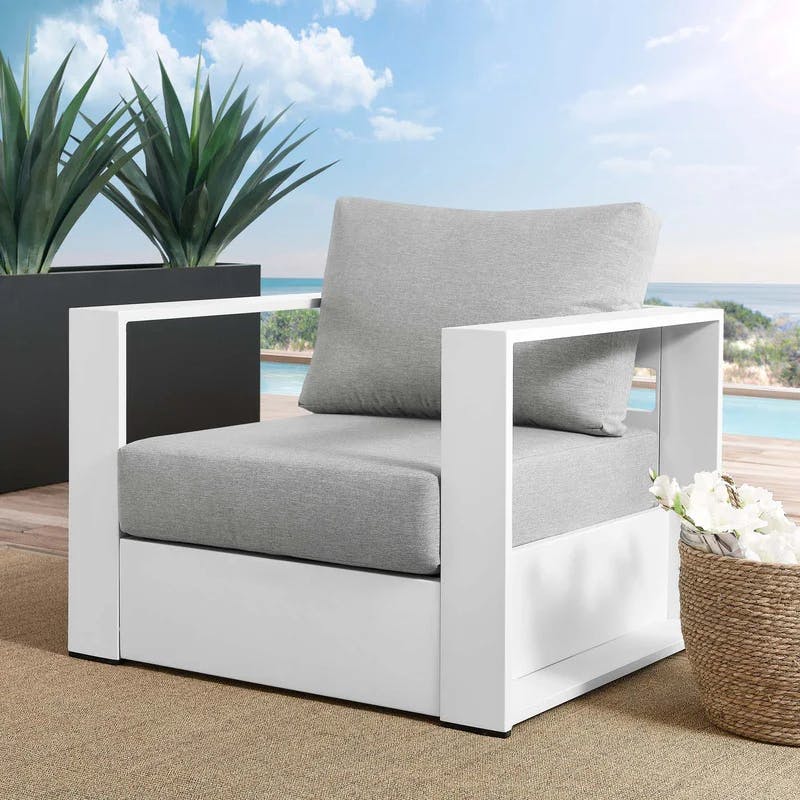 Contemporary Tahoe White & Gray Aluminum Outdoor Armchair with Cushions
